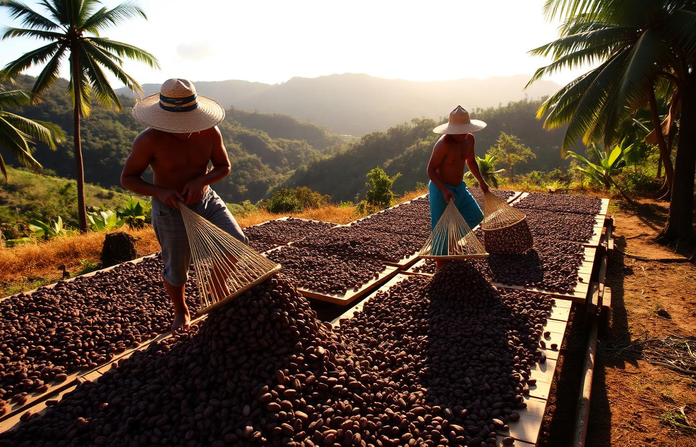 Farmers raking fermented cacao beans drying in the Dominican sun